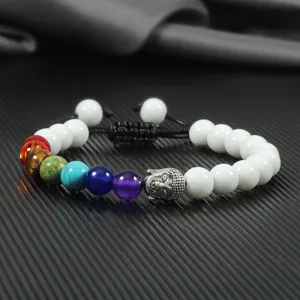 Chakra beaded bracelet with silver alloy Buddha head, adjustable woven rope for couples.