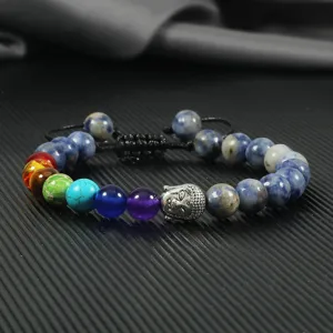 Chakra stone and silver Buddha head beaded woven bracelet, 8mm handmade couple rope jewelry.