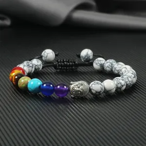 Chakra Buddha head braided bracelet with natural stone and black cord, adjustable size.