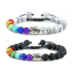 Chakra Buddha Head Beaded Bracelets Set Couple Black White Stone Braided Rope Jewelry