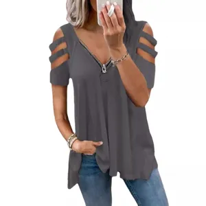 Women cold shoulder waffle knit t-shirt casual V-neck zipper short sleeve plus size top fashion