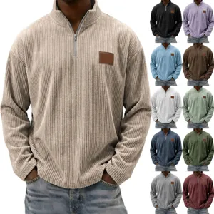 Men vintage corduroy quarter zip pullover stand collar polo shirt casual long sleeve top