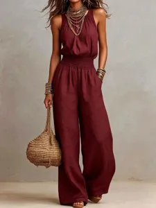 Donna estate casual senza maniche monocolore halter smock gamba larga tuta dettaglio.