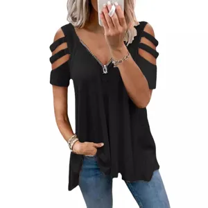 Women's cold shoulder V-neck short sleeve waffle knit top casual zip front tunic t-shirt