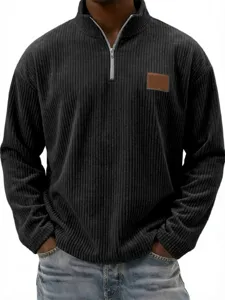 Men's vintage corduroy quarter zip pullover stand collar polo shirt casual top for daily wear