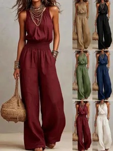Tuta Lunga Donna Casual Senza Maniche Scollo all'Americana Tinta Unita Gamba Larga Vita Alta Smockata Tasche Estate Pantaloni