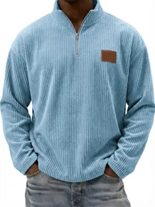 Men vintage corduroy quarter zip pullover shirt light blue stand collar casual top detail view