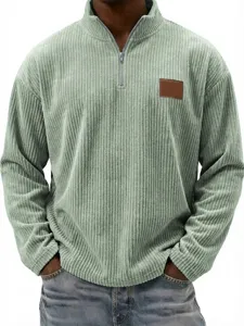 Men corduroy quarter zip pullover stand collar polo shirt light green detail view texture