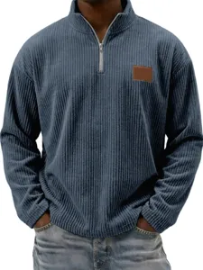 Men corduroy quarter zip pullover vintage casual long sleeve polo shirt with chest leather patch