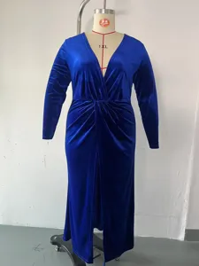 Blue velvet V-neck dress detail view, elegant long sleeve slim wrap design with front split.