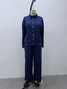 Solid color stand collar cardigan tracksuit casual two-piece set for women daily.