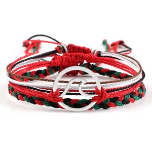 Etnische geweven armband meerstrengs touw met zilveren golf hanger voor koppels