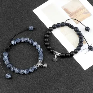 Couple magnetic matching beaded bracelets set, handmade woven adjustable gemstone wrist jewelry.