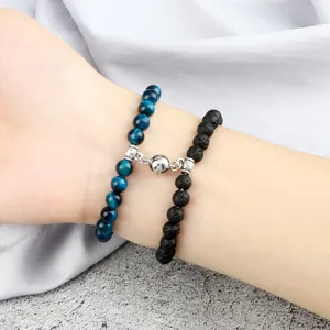 Couple beaded magnetic matching bracelets 6mm natural stone elastic wrist jewelry for gift