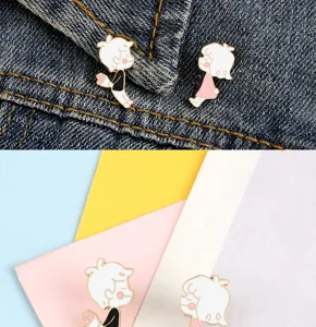 Cute cartoon couple enamel pin badge set, sweet boy and girl metal brooch decoration.