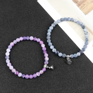 Magnetic couple stretch beaded bracelets set with crackled agate stones for best friends.