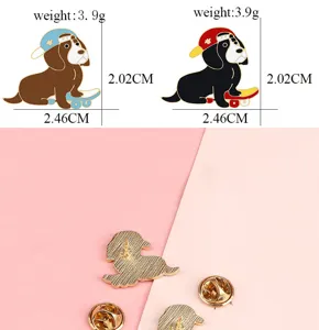 Cute cartoon dog skateboard enamel pin metal badge for backpack and clothing decoration.