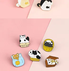 Cute cat enamel pins set, funny cartoon animal brooch badges for backpack and clothes.
