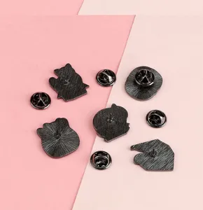 Cute cartoon cat metal enamel pins set, detailed view of black plated brooch backs and clutches
