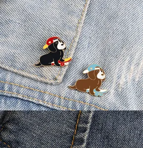 Cute cartoon dog skateboard enamel pin set, stylish metal brooch badge for backpack decor.