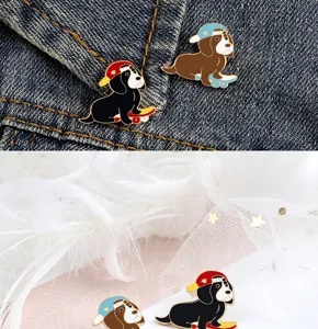Cute cartoon dog enamel pin skateboard puppy badge for kids backpack denim jacket detail