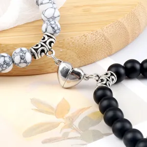 Magnetic couple matching beaded bracelets set with heart clasp for lovers and best friends