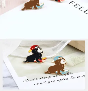 Cute cartoon dog enamel brooch pin, skateboard puppy lapel badge detail view, lovely accessories.