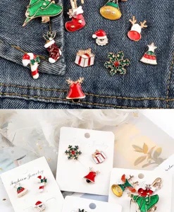 Weihnachts-Themen Emaille Brosche Set mit Baum Geschenk Socke Weihnachtsmann Schneeflocke.