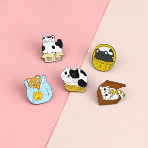Cute cartoon cat enamel pins set, funny metal brooches badges for backpack clothes decoration.