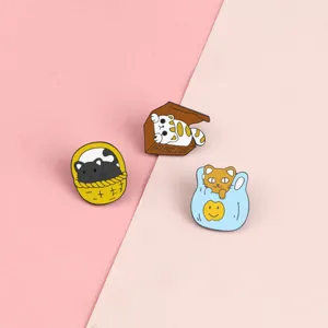 Cute cat enamel pins set, funny cartoon animal brooches for backpack and clothes decoration.
