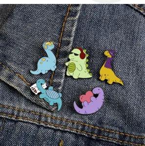Cute cartoon dinosaur enamel pin set, creative alloy brooches for backpacks and denim jackets.