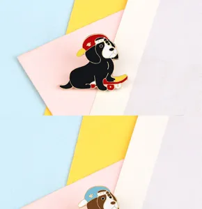Close-up detail of the cute cartoon dog skateboard enamel pin showing fine craftsmanship.