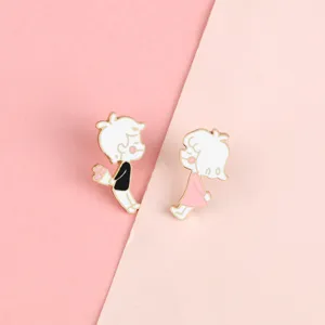 Cute cartoon couple enamel brooch pins, shy boy and girl design for sweet lover gifts.