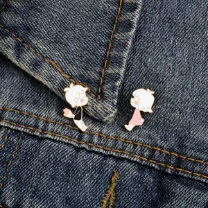 Cute cartoon boy and girl enamel pin brooch badge for couple gift, sweet love clothing decor.
