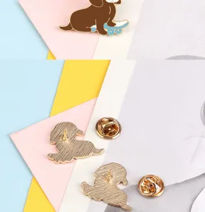 Detailed view of cute skateboard dog enamel lapel pin, showing front and back design.