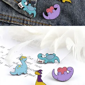 Cute cartoon dinosaur enamel pin detail view, fun metal badge accessory for backpacks and clothes.