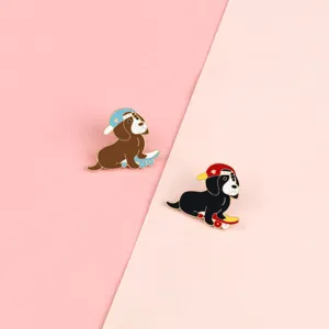 Cute cartoon dog enamel pin with skateboard design, stylish metal brooch badge for kids.