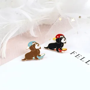 Cute cartoon dog enamel brooch pin set, skateboard puppy design for kids backpack and clothing.