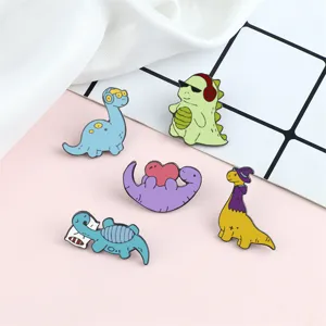 Cute cartoon dinosaur enamel pins set, funny alloy lapel badges for backpacks and clothes.