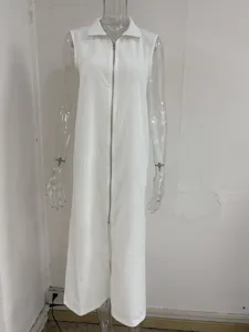 Vestido largo blanco casual sin mangas con cremallera frontal, elegante vestido de cuello alto.