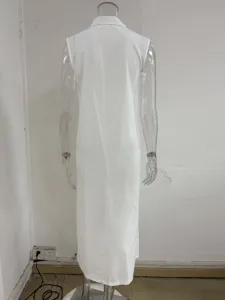 Vestido largo blanco sin mangas con cuello alzado estilo casual liso largo detalle
