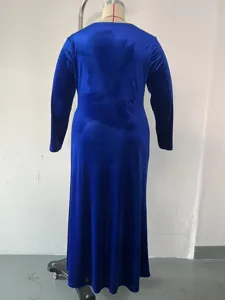 Blue velvet long sleeve maxi dress for women elegant evening gown slim fit back view