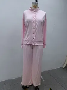 Pink stand collar cardigan sweatshirt and wide leg pants tracksuit two piece set for women.