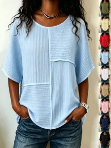 Women's Casual Solid Color Ruched Loose Short Sleeve Crew Neck T-Shirt Summer Basic Daily Pullover Top
