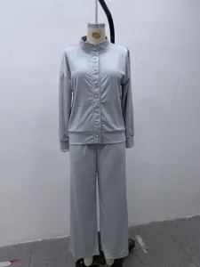 Women casual solid color stand collar cardigan sweatshirt and wide-leg pants grey tracksuit.