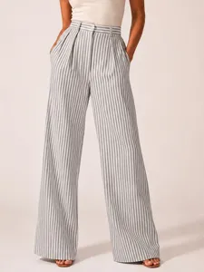 Grey and white striped wide leg trousers for women, casual high waist elegant suit pants.
