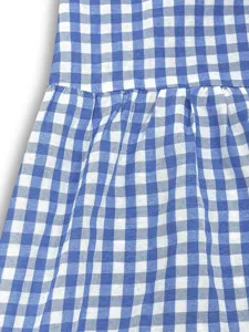 Détail de robe élégante en tissu à carreaux vichy bleu et blanc avec taille froncée.