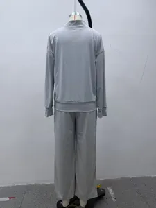 Solid color stand collar zip cardigan and wide leg pants lounge suit for women fashion casual