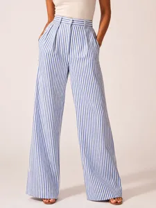 Casual blue and white striped high waisted wide leg trousers for women, elegant fashion style.