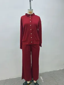 Solid color stand collar cardigan sweatshirt wide leg pants casual sports two piece set for women
